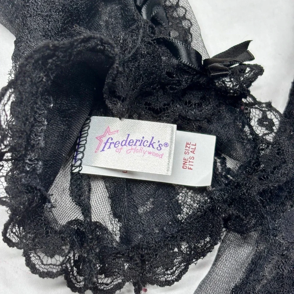 VTG Frederick's of Hollywood Black Lace Fingerless Gloves Bows S-2XL‎ Nylon EUC